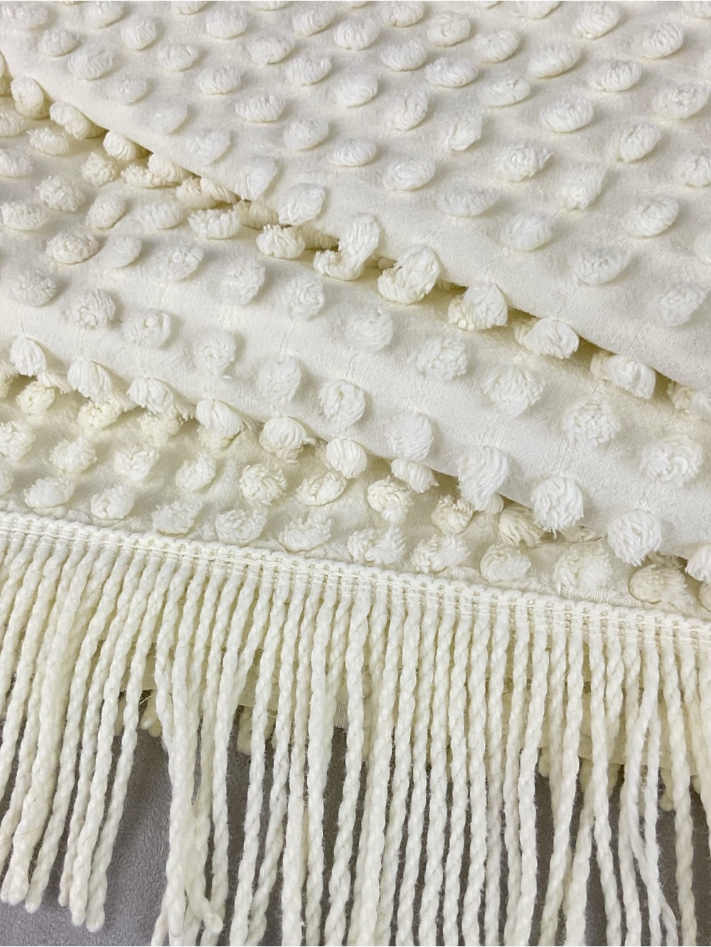 Reclaimed Vintage Chenille Fabric Neutral Cream Tufted Dots 72" x 64"